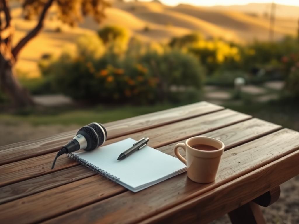 Flick International Vintage wooden picnic bench in serene California ranch landscape with notepad and vintage microphone