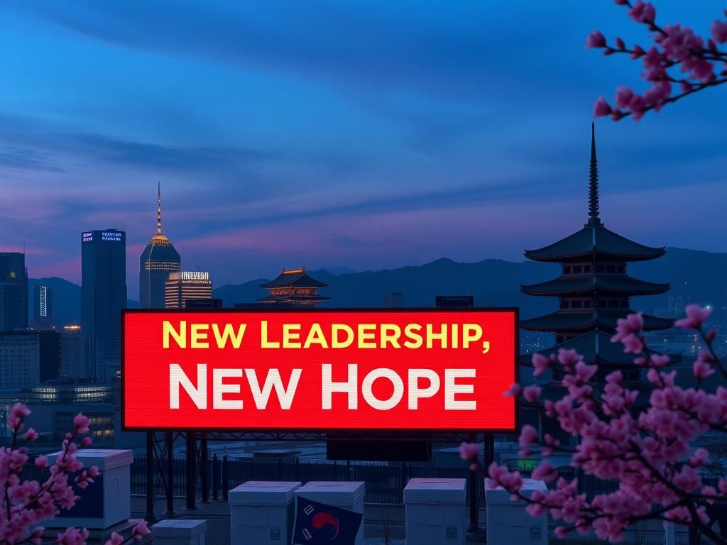 Flick International Panoramic view of the South Korean skyline at dusk with skyscrapers and traditional pagodas