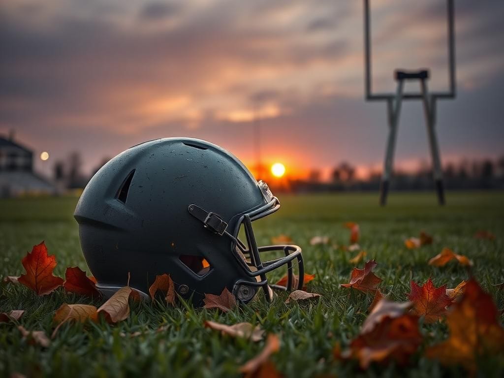 Flick International A solitary football helmet on a grassy field surrounded by autumn leaves