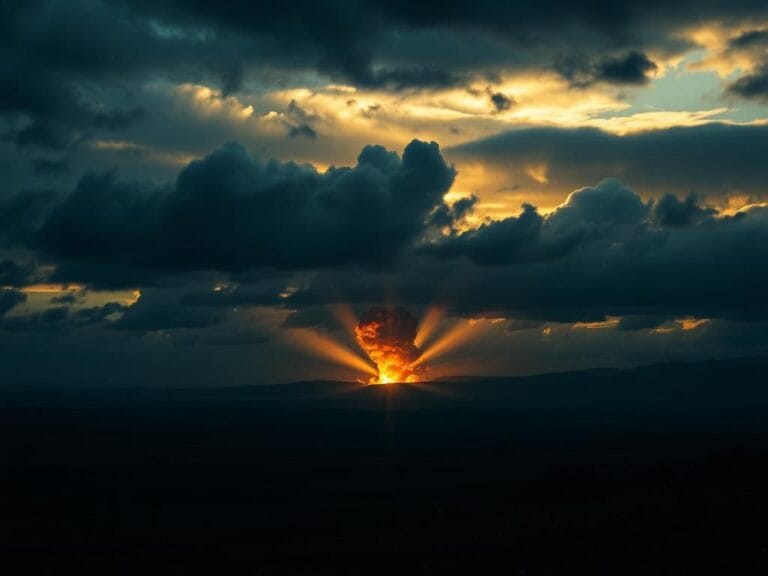 Flick International Darkened sky over a vast landscape with silhouettes of nuclear facilities and a distant explosion