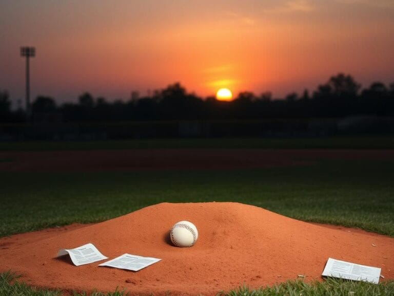 Flick International Dimly lit baseball field with a worn pitcher's mound symbolizing personal turmoil