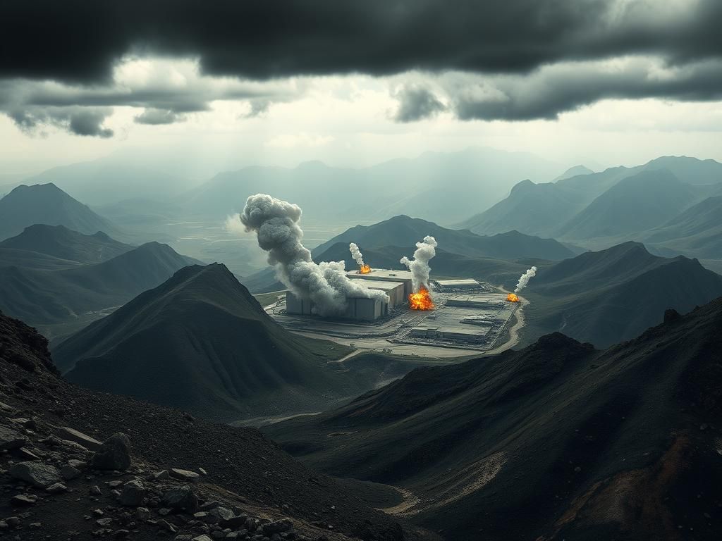 Flick International Aerial view of the Fordow nuclear facility showing smoke and destruction