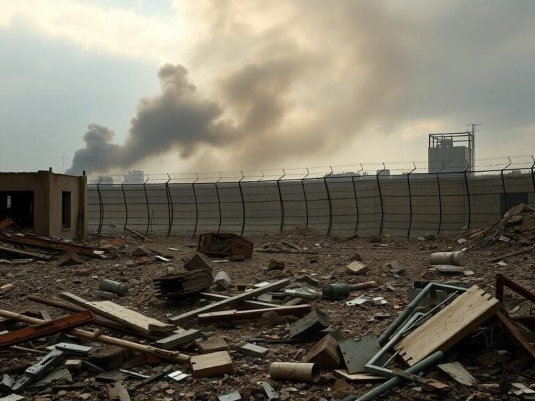 Flick International Desolate war-torn landscape with rubble and smoke, symbolizing the aftermath of conflict