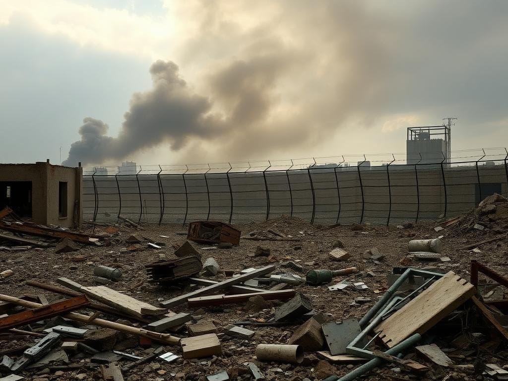 Flick International Desolate war-torn landscape with rubble and smoke, symbolizing the aftermath of conflict
