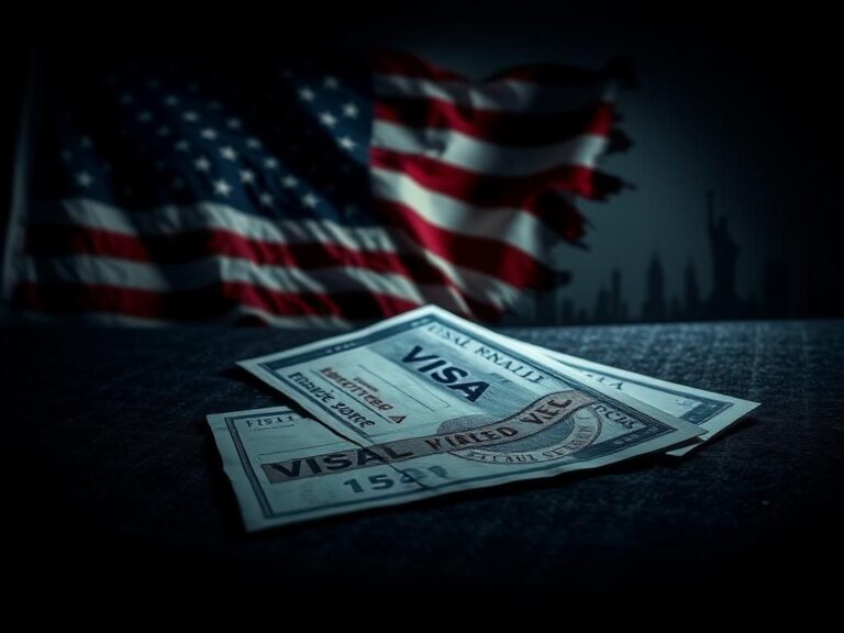 Flick International Abstract representation of a cracked American flag with visa documents and an expired visa stamp