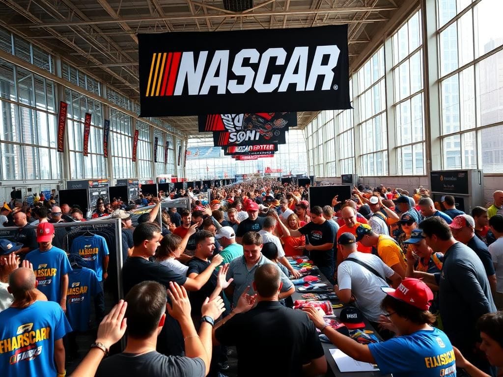 Flick International NASCAR fans reaching for autographs at Fanatics Fest in New York