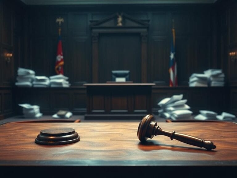 Flick International A dramatic courtroom scene depicting an empty judge's bench and an abandoned witness stand