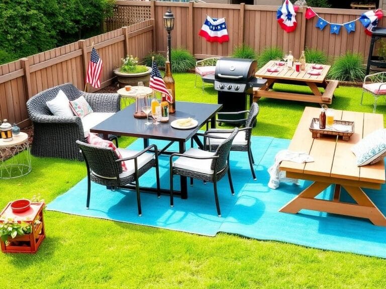 Flick International A vibrant backyard patio set for a Fourth of July celebration with a modern dining set and grill.