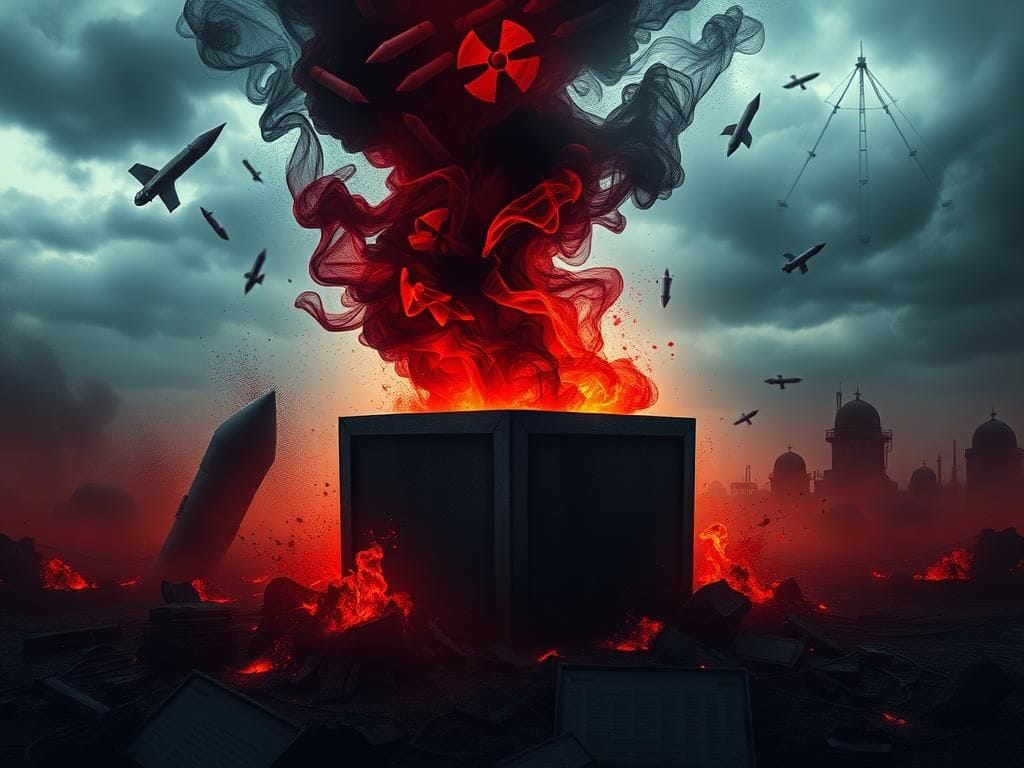 Flick International Abstract representation of an open Pandora's box emitting chaotic dark smoke, symbolizing global nuclear threat.