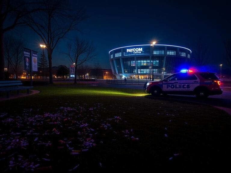 Flick International Nighttime scene of Scissortail Park illuminated with city lights and police presence after NBA championship win