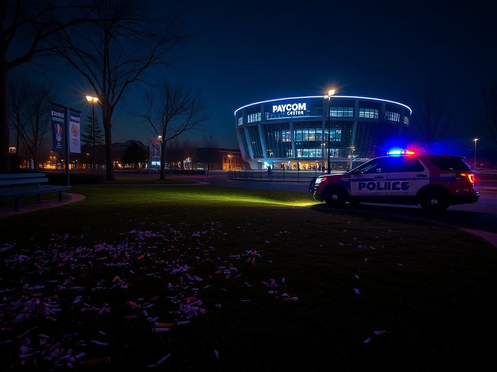 Flick International Nighttime scene of Scissortail Park illuminated with city lights and police presence after NBA championship win
