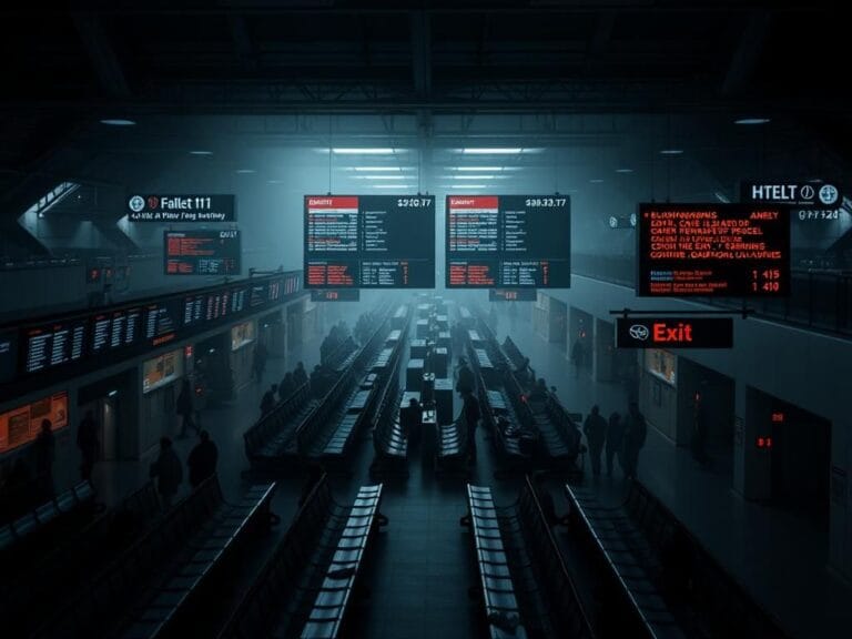 Flick International High vantage view of a busy transportation hub with empty benches and digital flight status boards