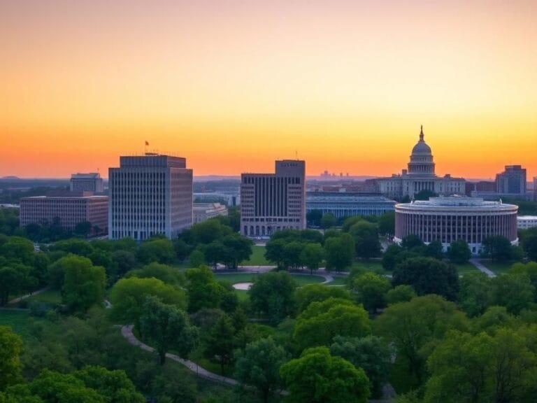 Flick International Panoramic view of Washington D.C. skyline at dusk with federal buildings
