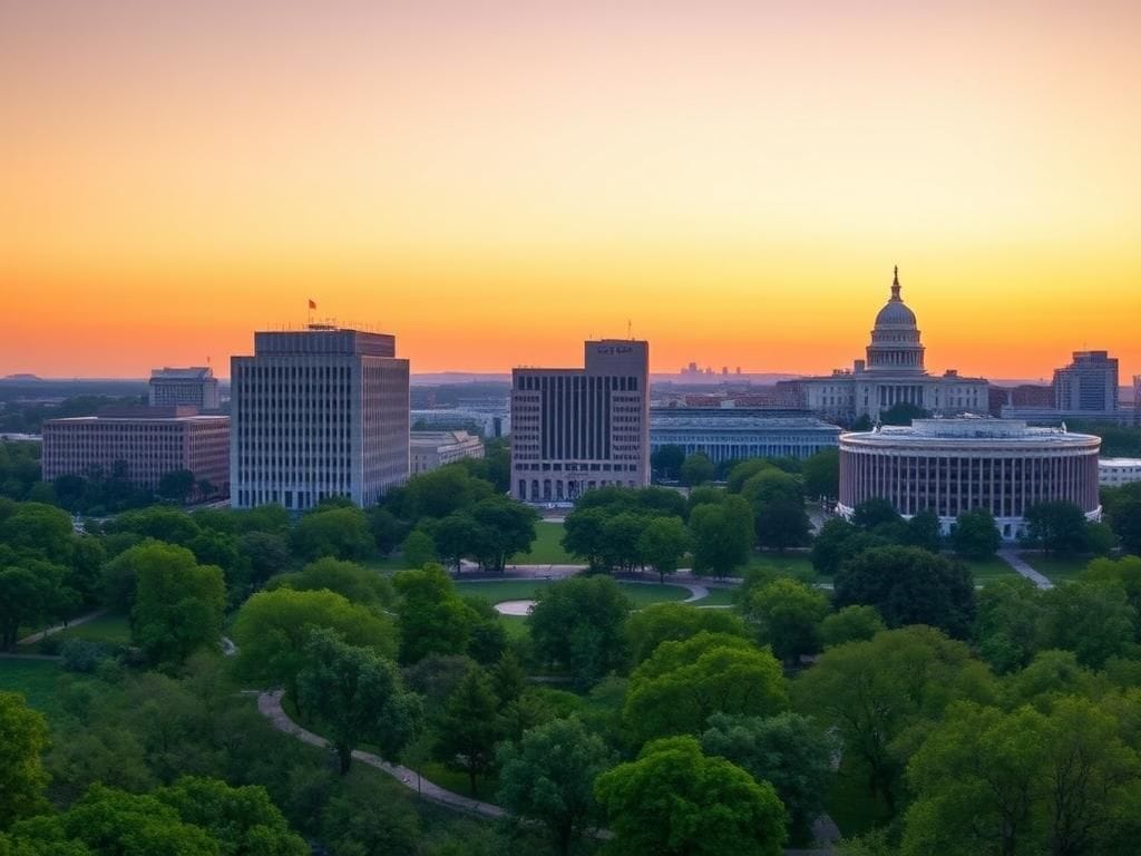 Flick International Panoramic view of Washington D.C. skyline at dusk with federal buildings