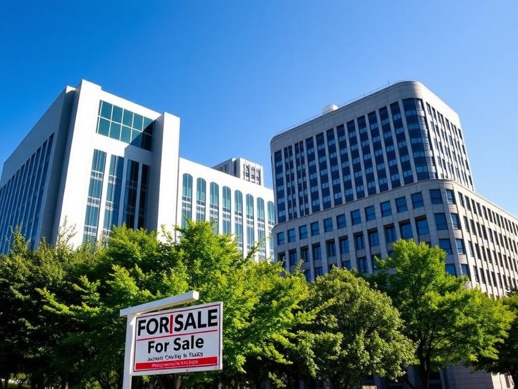 Flick International A view of prominent federal buildings in Washington D.C. with a 'For Sale' sign