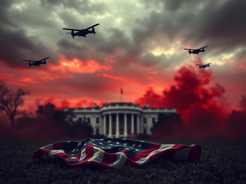 Flick International Abstract representation of political conflict with a crumpled American flag and military drones in a darkening sky
