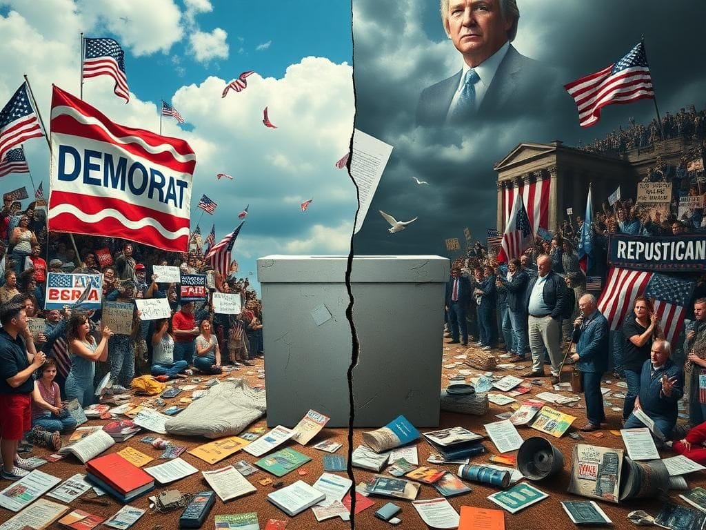 Flick International A split scene depicting chaotic Democratic and worn-down Republican party rallies, symbolizing polarized political opinions.