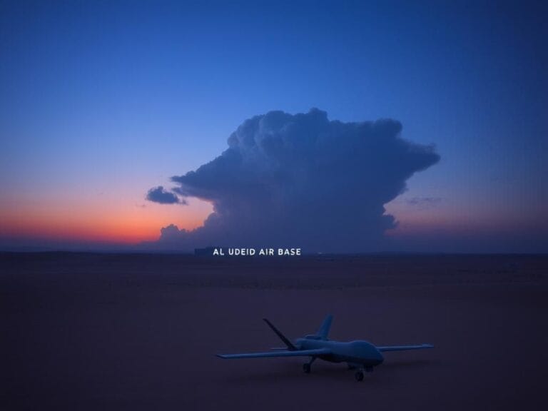 Flick International A somber dusk landscape at Al Udeid Air Base with looming clouds and military elements