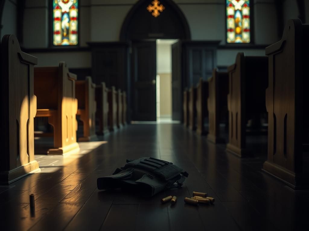Flick International Empty church interior with tactical vest and bullet casings