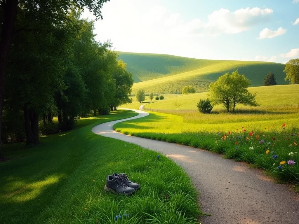 Flick International A tranquil park pathway surrounded by lush greenery and wildflowers