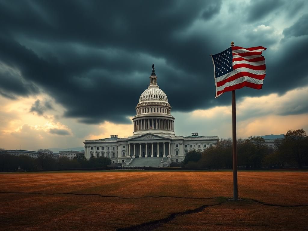 Flick International Dramatic depiction of the U.S. Capitol surrounded by storm clouds over a Kentucky landscape with an American flag