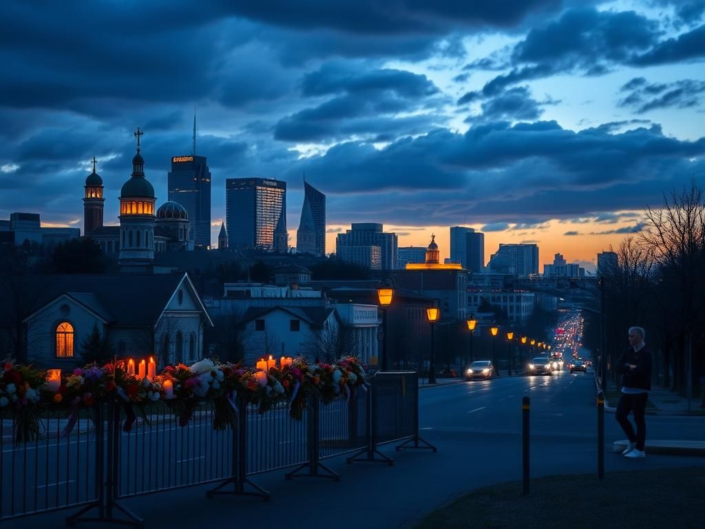 Flick International A solemn urban landscape featuring synagogues illuminated at dusk, symbolizing resilience against antisemitism