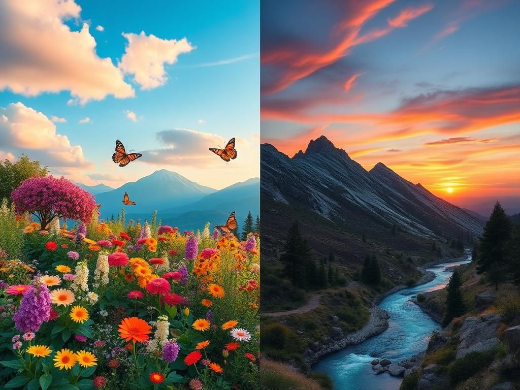 Flick International A vibrant garden symbolizing progressive values, contrasting with a rugged mountain landscape representing conservative viewpoints.