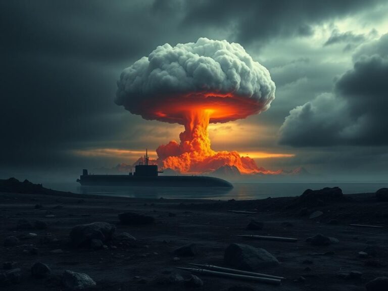 Flick International Ominous mushroom cloud amidst a dark, rugged landscape symbolizing nuclear tension