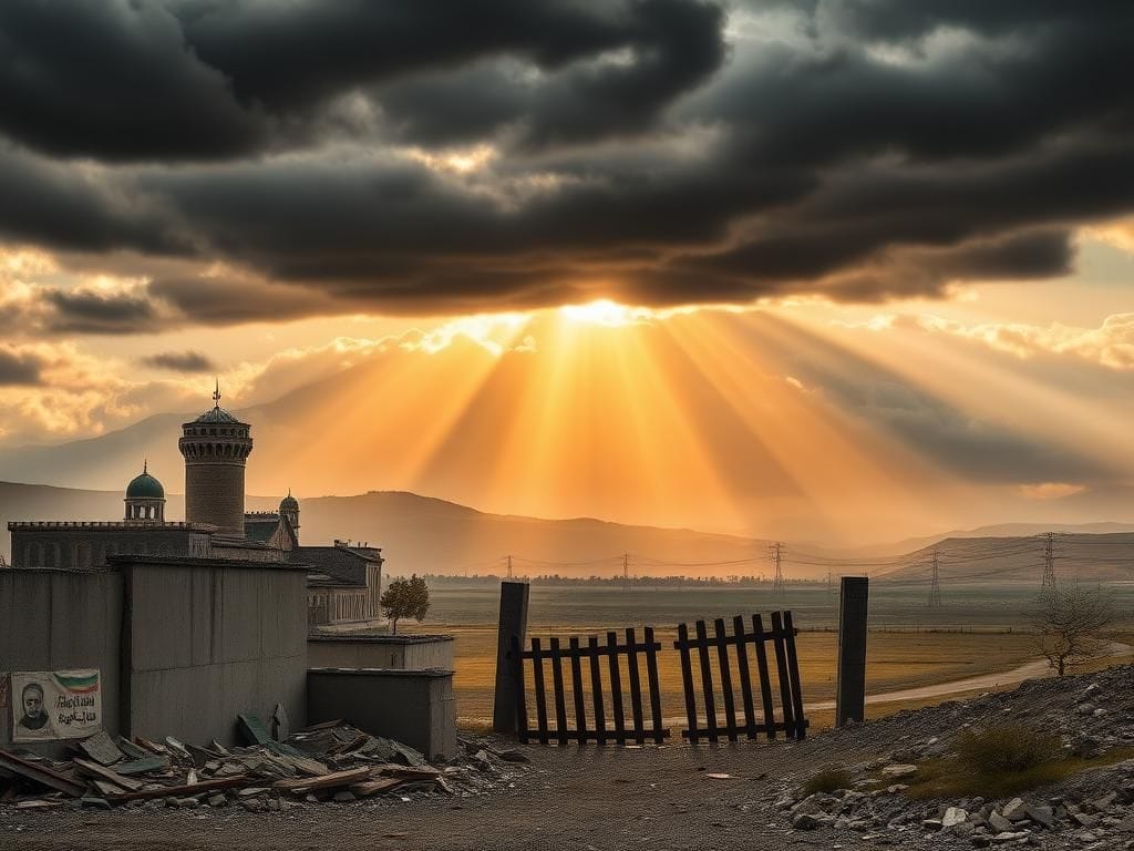 Flick International A powerful landscape image of Iran's Azadi Tower with crumbling walls representing the Islamic Republic in the foreground.