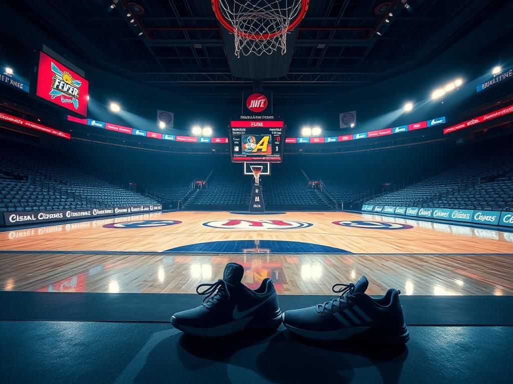 Flick International A dynamic basketball court setting during an ESPN broadcast featuring empty stands and a close game scoreboard.