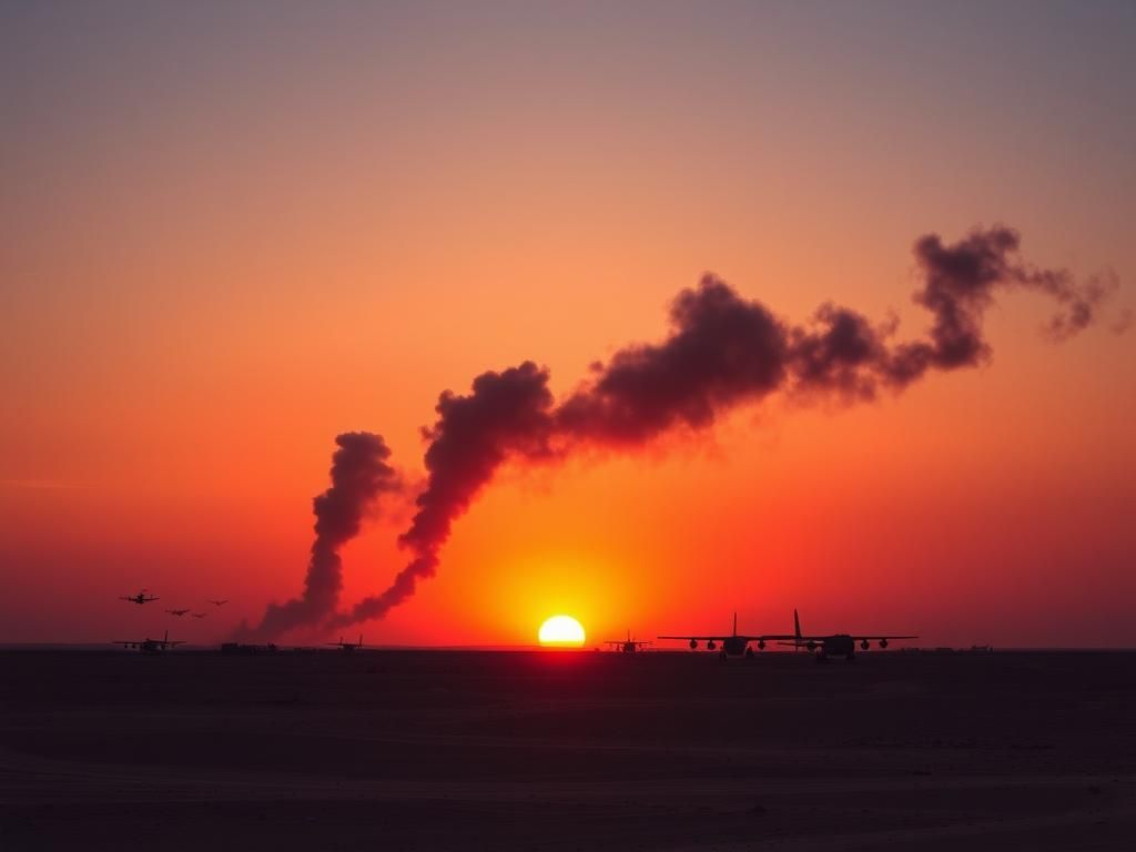 Flick International Dramatic sunset over a military airbase with smoke rising in the sky