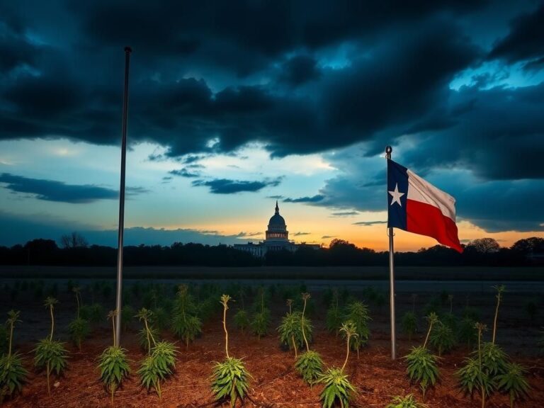Flick International A somber Texas landscape at dusk with a lone Texas flag at half-mast and wilted cannabis plants
