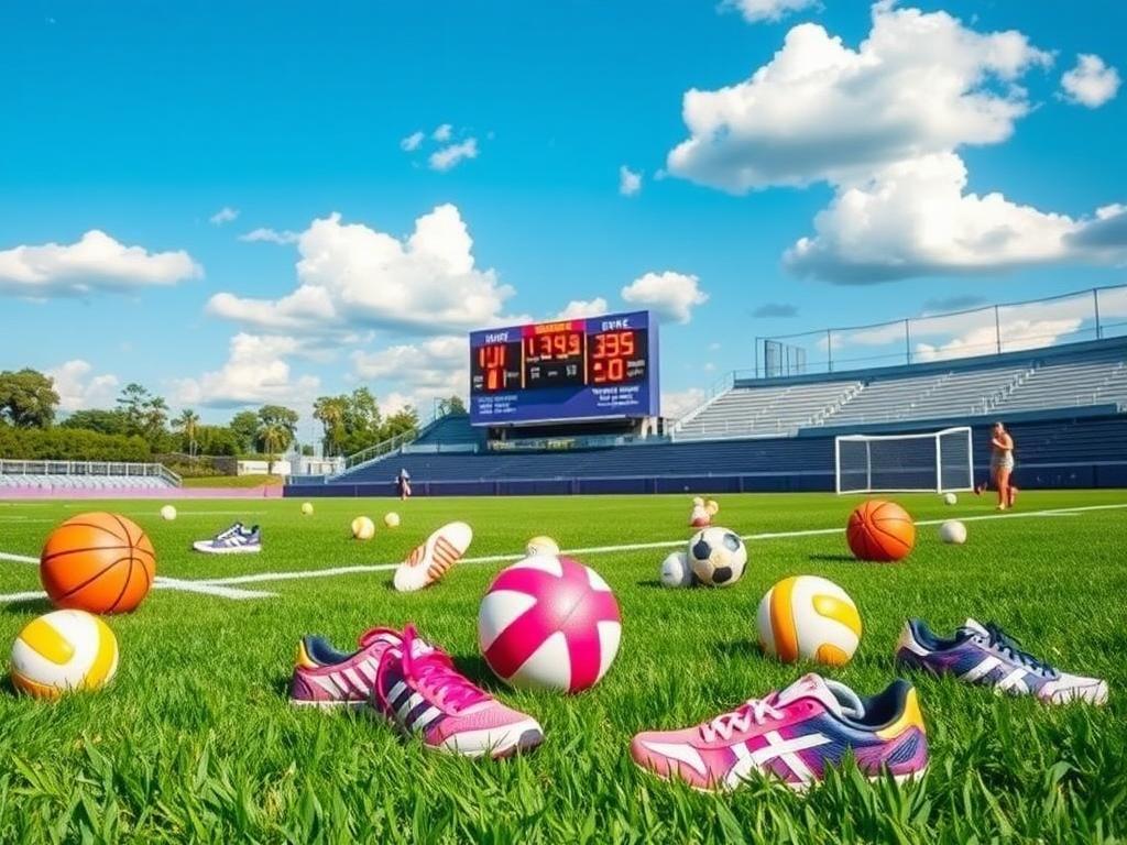 Flick International Female athletes competing in a vibrant athletic field with various sports equipment symbolizing women's sports