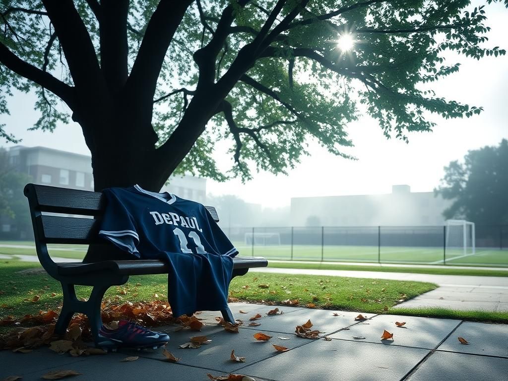 Flick International Serene scene of DePaul University's soccer field with soccer cleats and a worn jersey on a bench, symbolizing Chase Stegall's presence.