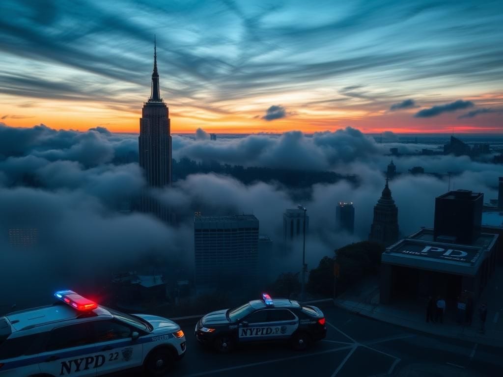 Flick International Aerial view of New York City at dusk with police presence and stormy skies