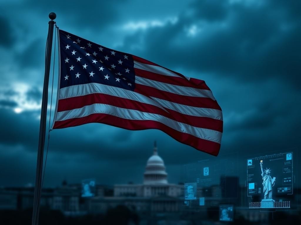 Flick International Close-up of an American flag waving against a darkening sky symbolizing vigilance