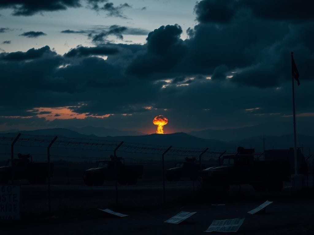 Flick International Dramatic scene of a U.S. military base at dusk with barbed wire and military vehicles symbolizing tension