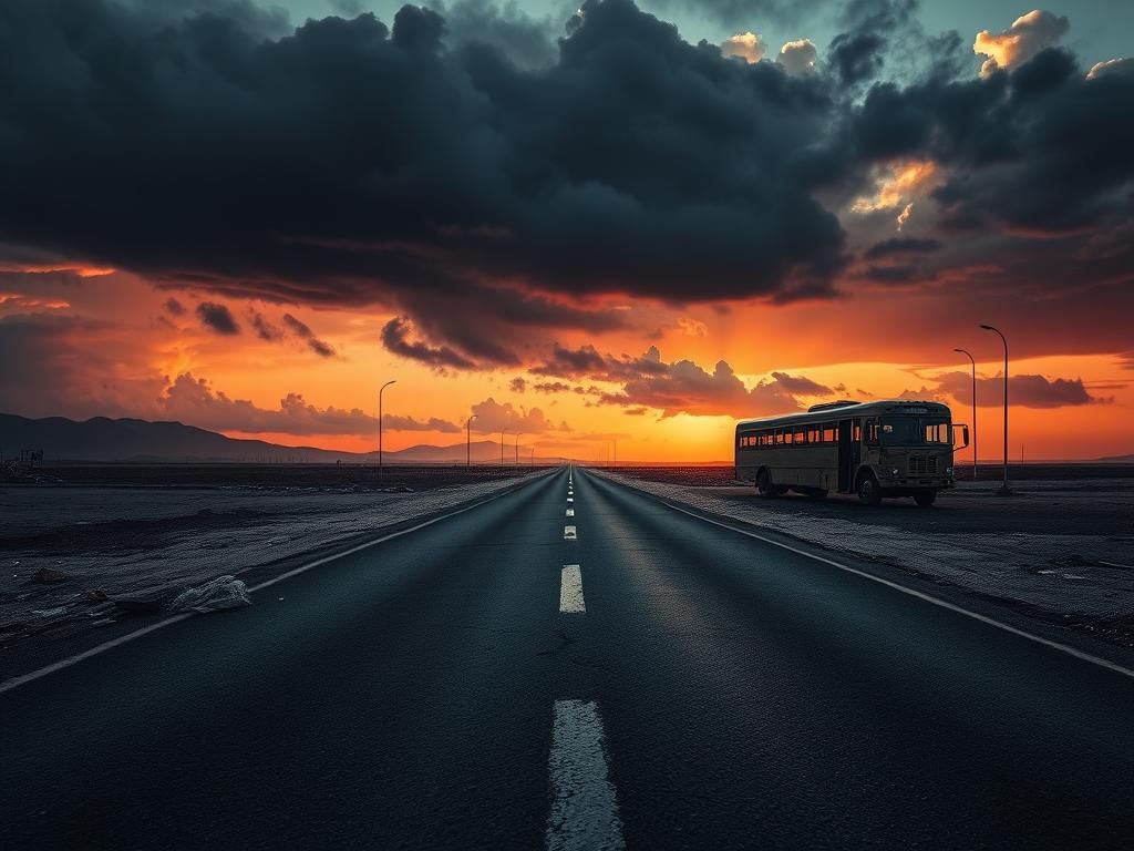 Flick International Evacuation route in a war-torn region with debris and storm clouds