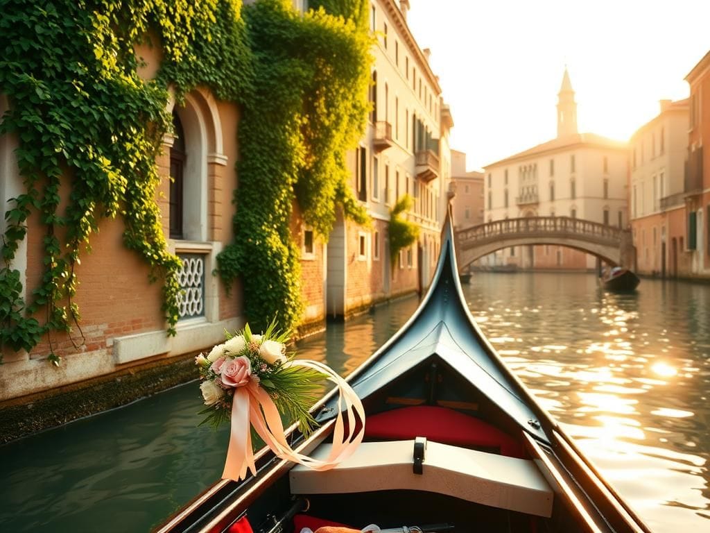 Flick International A decorated gondola in a serene canal in Venice, symbolizing a wedding celebration