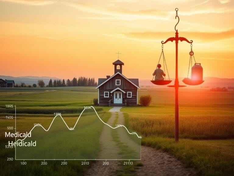 Flick International A serene rural landscape featuring a small rustic hospital surrounded by fields, symbolizing community reliance on healthcare.