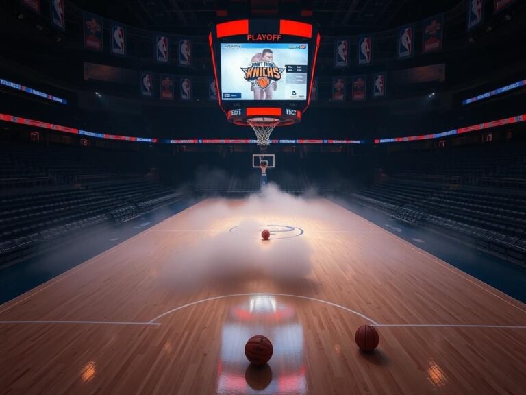 Flick International Empty Madison Square Garden court illuminated with Knicks colors after playoff loss