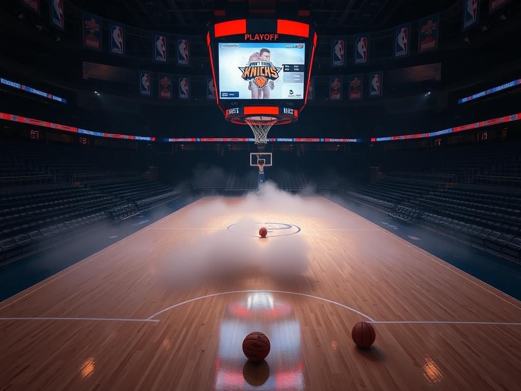Flick International Empty Madison Square Garden court illuminated with Knicks colors after playoff loss