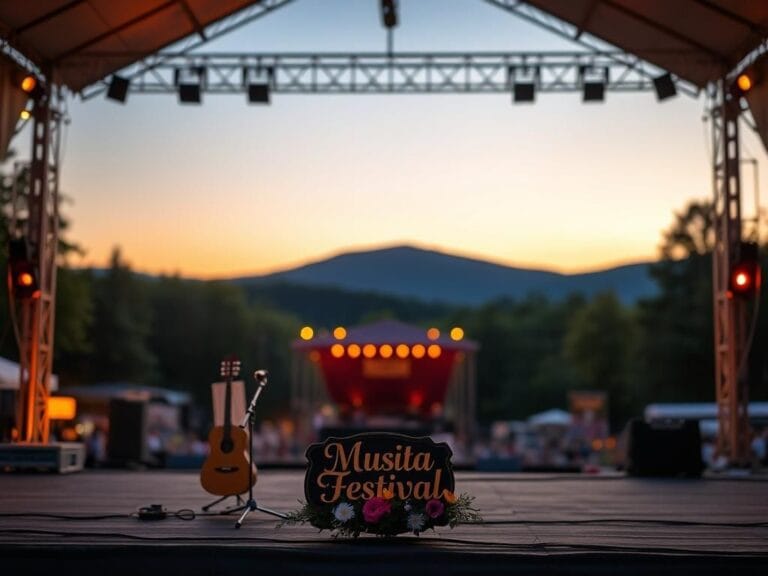 Flick International A serene Pennsylvania music festival scene at dusk with an empty stage and acoustic instruments.