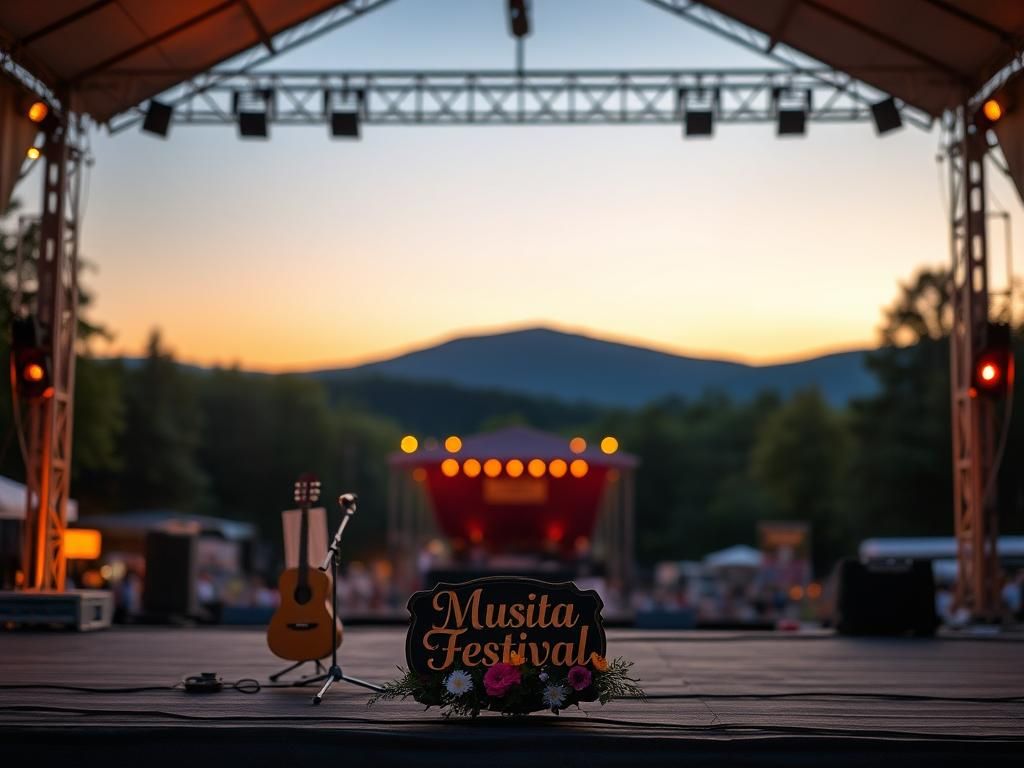 Flick International A serene Pennsylvania music festival scene at dusk with an empty stage and acoustic instruments.