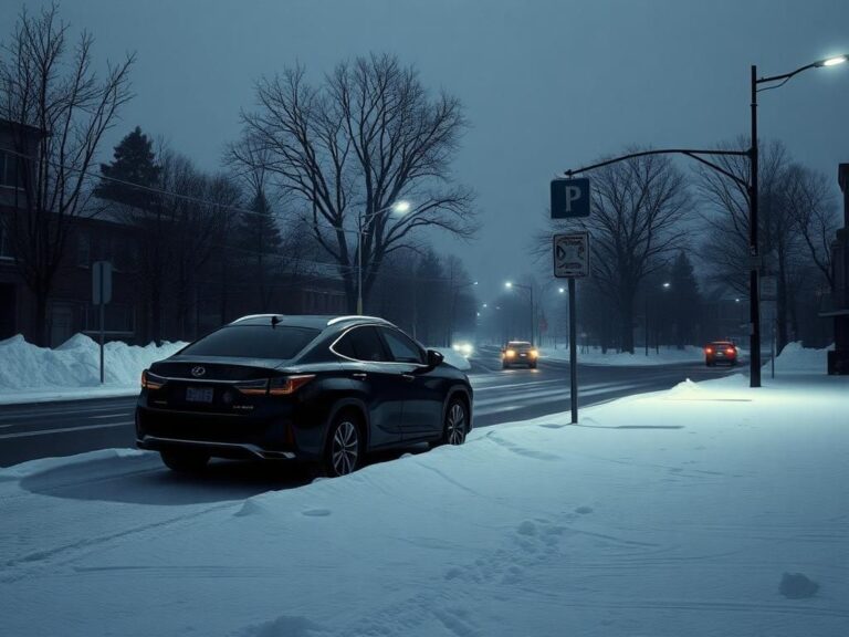 Flick International Somber scene of a snow-covered street in Boston with a dark Lexus SUV, reflecting the tension of the Karen Read case