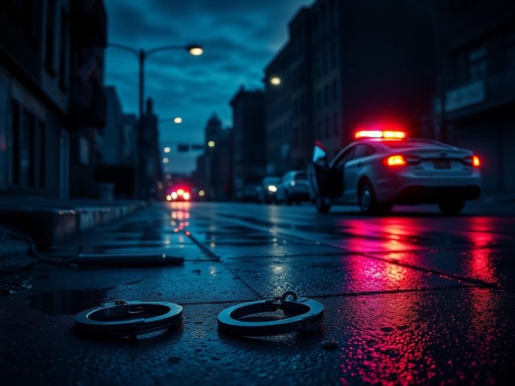 Flick International Abandoned handcuffs on a rain-soaked urban street at dusk