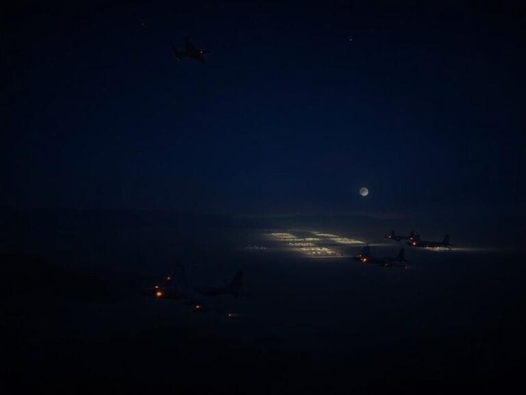 Flick International Aerial view of B-2 bombers positioned in a lit desert landscape, highlighting military operations