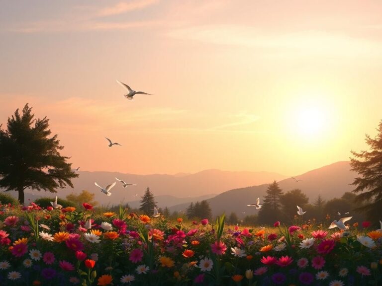 Flick International A serene landscape with pastel skies and vibrant flowers, symbolizing hope and compassion.