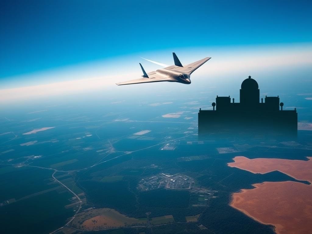Flick International A B-2 stealth bomber flying over Missouri's Whiteman Air Force Base with a vapor trail