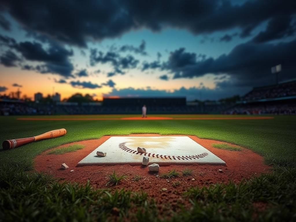 Flick International Baseball diamond at twilight with home plate and broken bat, illustrating tension after ejection
